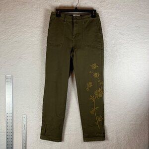LOGO Lori Goldstein Women's Green Floral Embroidered Boyfriend Pants Size 4 9522